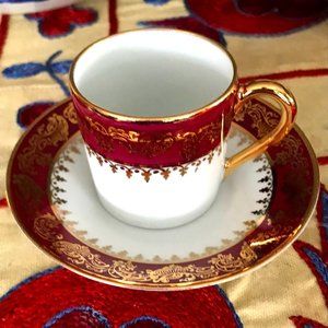 Vintage Limoges Garnet Red Espresso Teacup w/ matching saucer